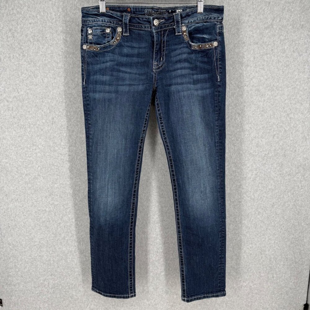 Miss Me Womens Y2K Mid Rise Easy Skinny Jeans Size 29 Blue Stud Embroidered